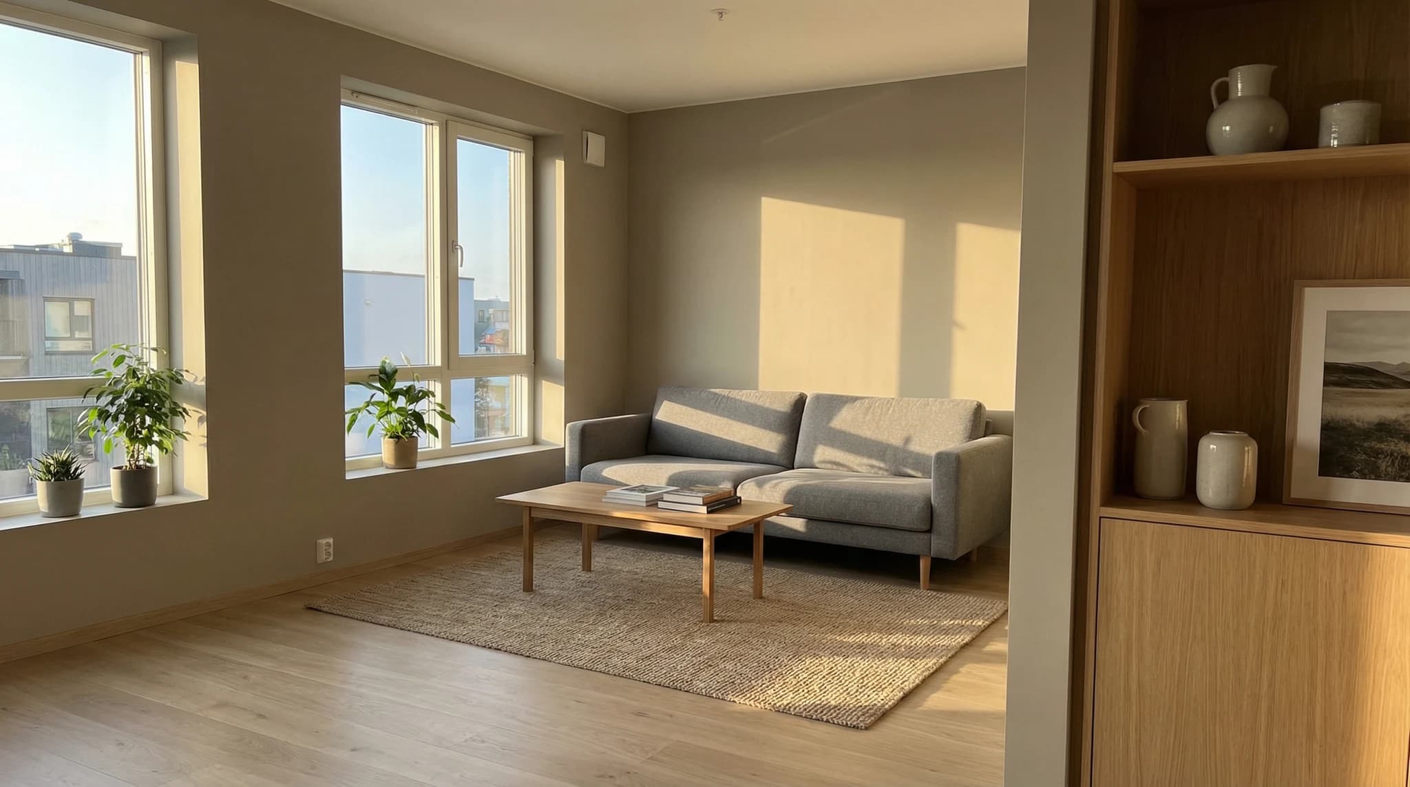 Wohnzimmer mit frischem Wandanstrich in warmem Greige