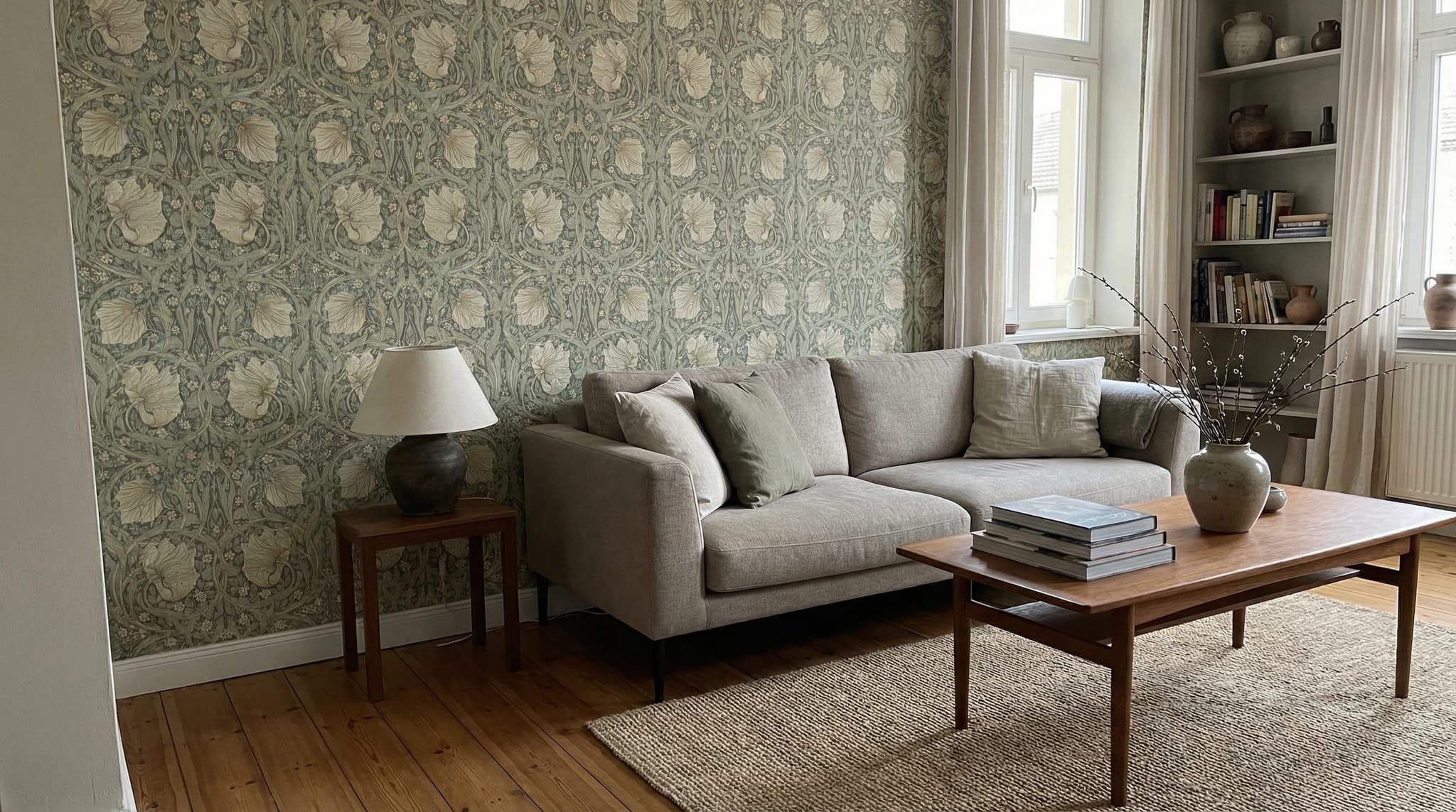 Vliestapete mit floralem Muster im Wohnzimmer