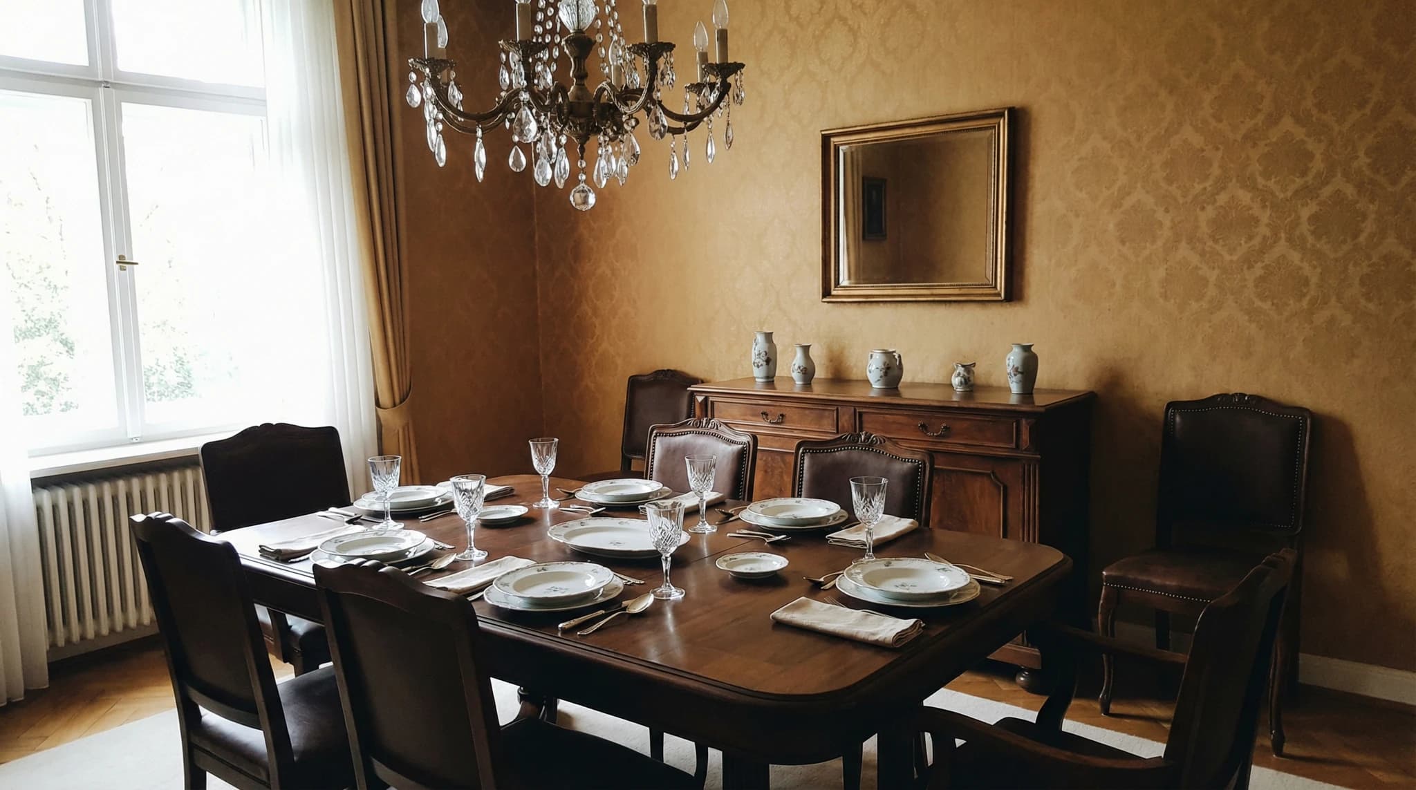 Textiltapete in warmem Goldton im Esszimmer