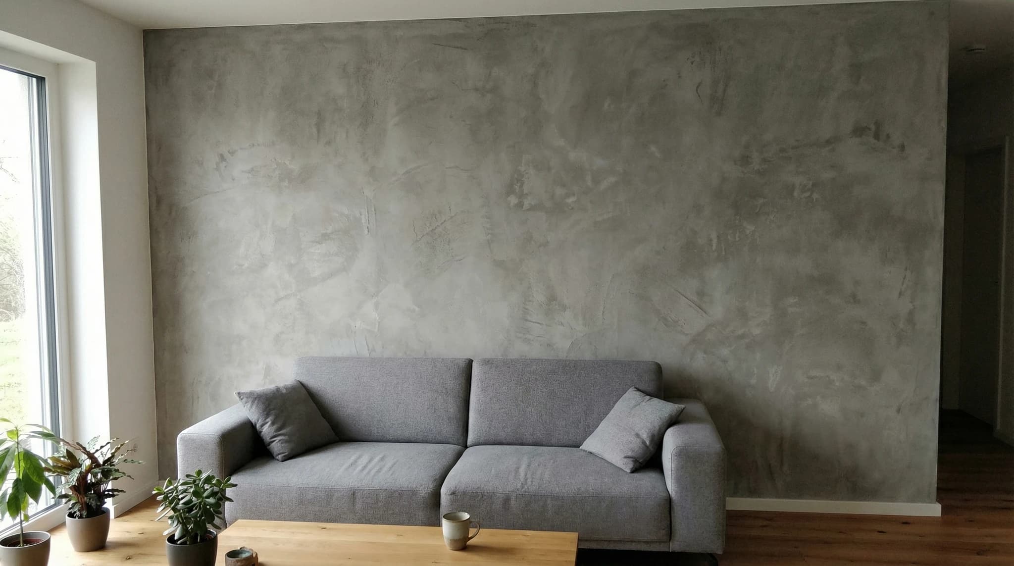Wand in Betonoptik in modernem Wohnzimmer