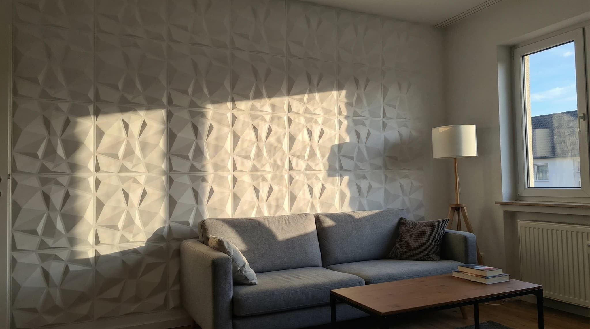 3D-Wandpaneele in weißem Wohnzimmer